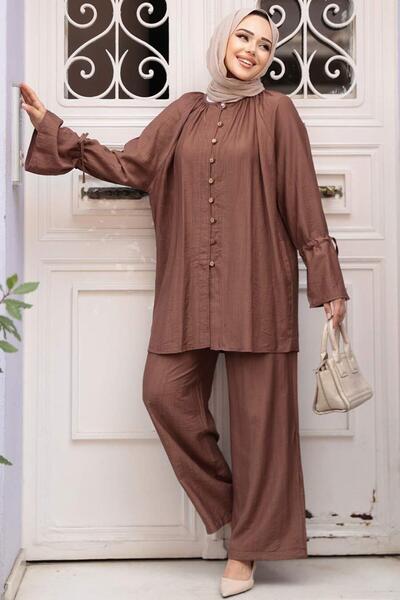 N.S NEVA STYLE Buttoned Brown Hijab Double Set 30451Kh