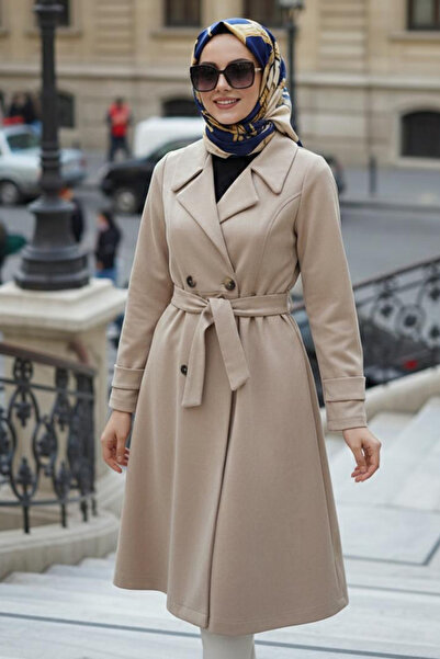 N.S NEVA STYLE Beige Hijab Suede Cap with Buckle Belt 62461Bej