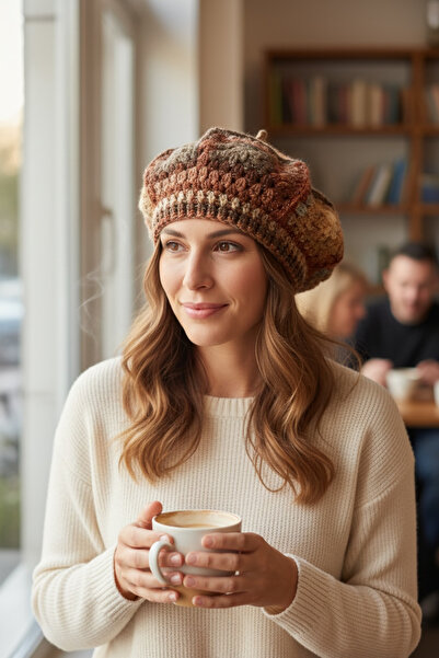 satürn hobi örgü tasarım Knitted Bohemian Motif Coffee Color Gradient & Shimm...