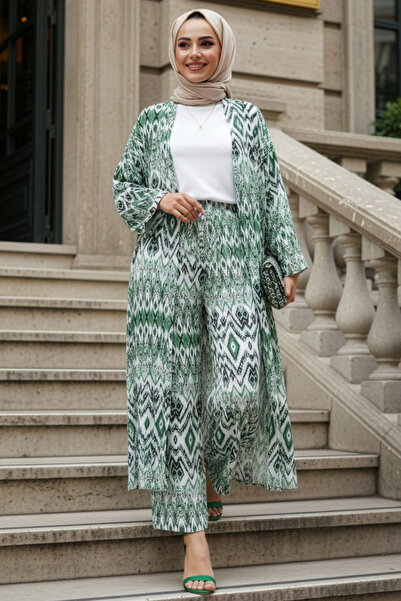 N.S NEVA STYLE Patterned Green Hijab Double Kimono Set 12887Y
