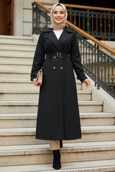 N.S NEVA STYLE Buttoned Black Hijab Trench Coat 62223S