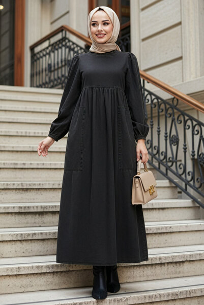 N.S NEVA STYLE فستان ديناميكي أسود من الدنيم مع جيوب 19122S