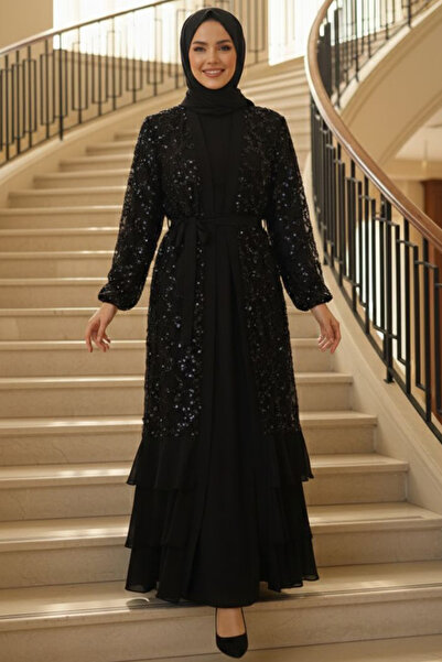 N.S NEVA STYLE Boncuk Payet İşlemeli Siyah Tesettür Abiye Elbise 47671S