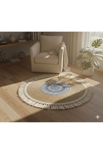 Noor Natural bohemian wicker carpet featuring a symbolic mandala print, 100 cm