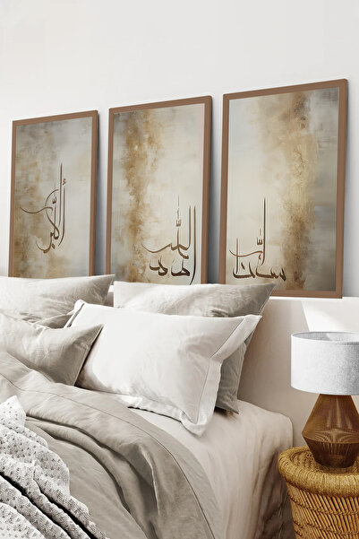 kutuTR Kahverengi Ahşap Çerçeveli 2DUV Baskı 3’lü MDF Tablo–Altın Varak Görün...