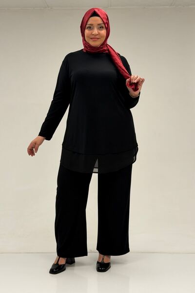 Eslina 67009 Plus Size Sandy Pant Suit with Chiffon Detail at the Hem - Black