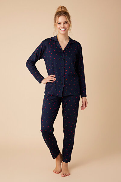 Pijamax Women's Cherry Pattern Front Buttoned Long Sleeve Knitted Pajama Set