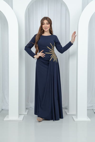 Meryl Navy blue evening dress "Desert Star" with a cinched waist and gold emb...