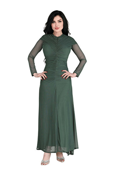 Nice Model Elegant Green Maxi Dress with Sheer Sleeves Ruched Evening Gown fo...