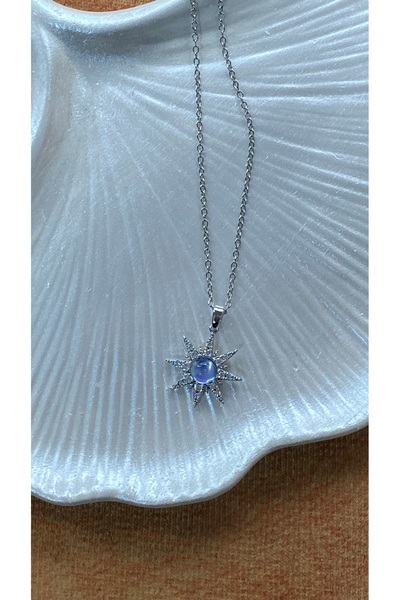 SELUVİA Steel Lilac Round Stone Sun Model Silver Women's Necklace |   Stainle...