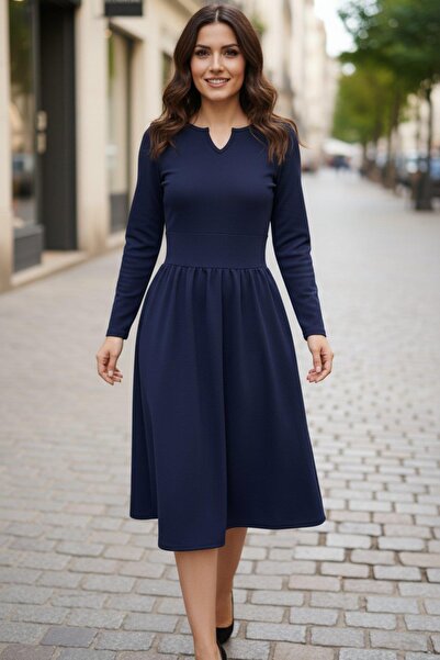 Mossta Minimalist Midi Length Imported Crepe Dress with Long Sleeves and Side...