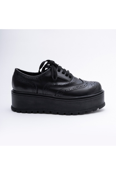 VAGAM Black Genuine Leather Shoes with Laces and High Soles