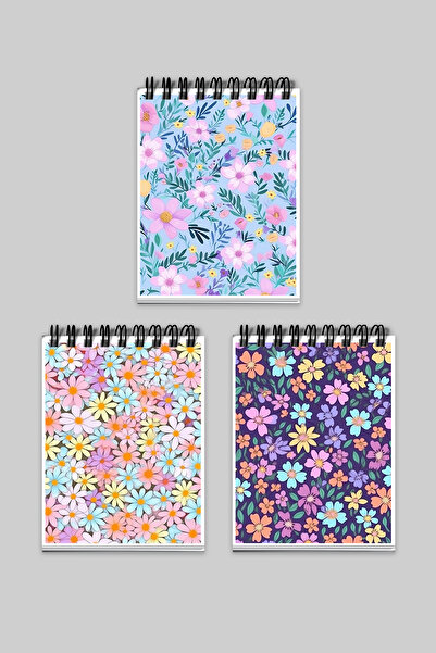 qoeuyl boutique Daisy and Purple Flower Patterned 3-Piece A6 Notepad