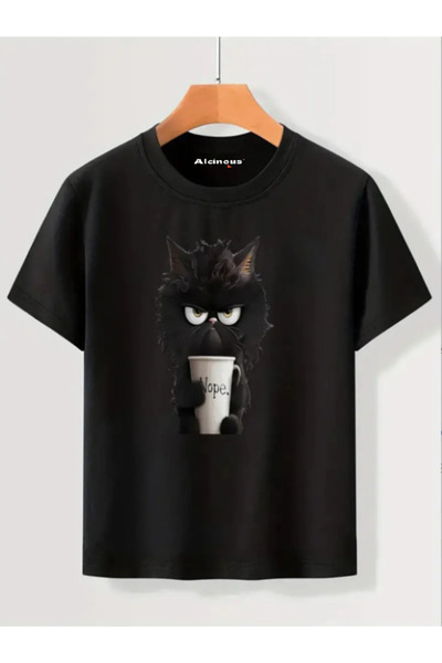 ALCİNOUS Oversize Cotton Black Short Sleeve Crew Neck Basic Printed T-Shirt