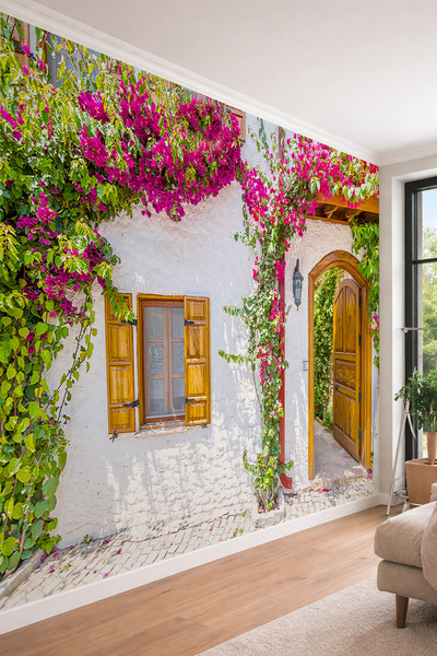 dreamwall Begonvilli Ege Evi - Nostaljik Sokak Manzaralı Tek Parça Tekstil Du...