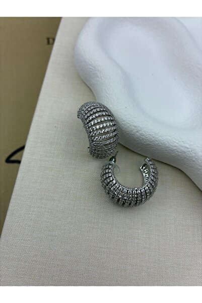 Hedef Bijuteri Silver Color Zircon Stone Thick Half Hoop Model Earrings