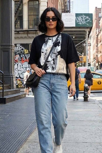 vynor atelier Women's Oversize Metallic Abstract Printed 100% Cotton T-Shirt ...
