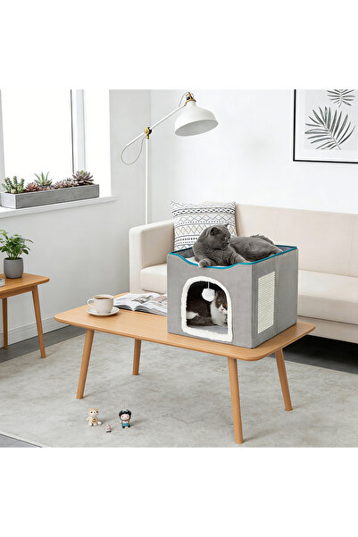 SCHENKERO 41x41x35 cm grey large cat bed, foldable, with ball and cat scratch...