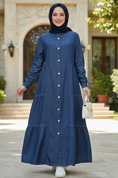 Hb Harma Time Butik فستان جينز للنساء، باللون الأزرق الداكن، بأزرار وتفاصيل دانتيل