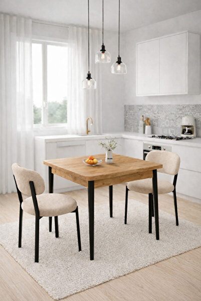 Renlife Ahşap Mutfak Masası Takımı Metal Ayaklı 2 Adet Antrasit Sandalye 70x7...