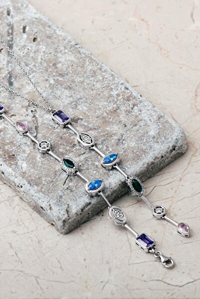 Sümer Telkari Geometrik Renkli Taşlı 925 Ayar Gümüş Kolye Bileklik İkili Set ...