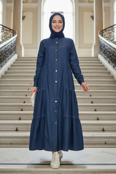 Hb Harma Time Butik فستان جينز للنساء، باللون الأزرق الداكن، بأزرار وتفاصيل دانتيل