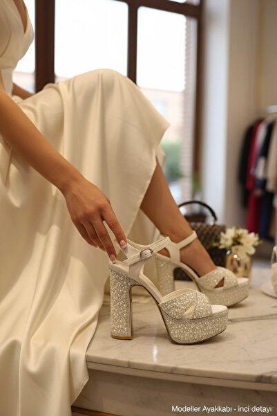 akerler Women's White Elegant Stone-Embellished Platform Wedding Dress Shoes ...