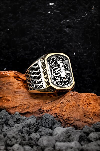 Silverplus 925 Ayar Gümüş Telkari Motifli Tuğralı Erkek Yüzük