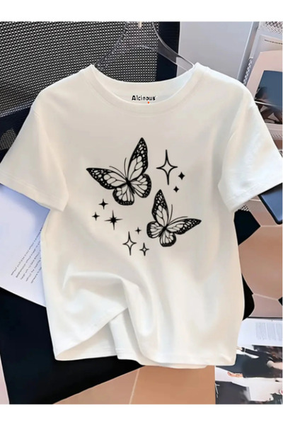 ALCİNOUS Oversized Cotton Butterfly Pattern Printed Short Sleeved White Women...