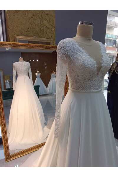 DOKKA WEDDİNG ŞİFON ETEKLİ BEDEN İŞLEMELİ ZARİF TASARIM GELİNLİK