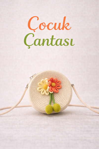 Selvira Çocuk Hasır Çanta Yuvarlak Model – Renkli Çiçek Detaylı, Omuz Askılı ...