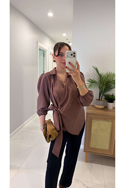 BİRCANÇİL Zr Berron Brown Blue Striped Shirt with Tie Detail