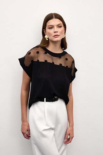 Sateen Polka Dot Detailed Short Sleeve Blouse - Black
