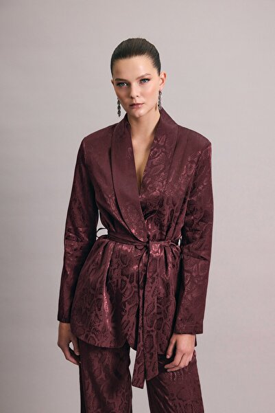 Sateen Snake Patterned Long Jacket - Burgundy