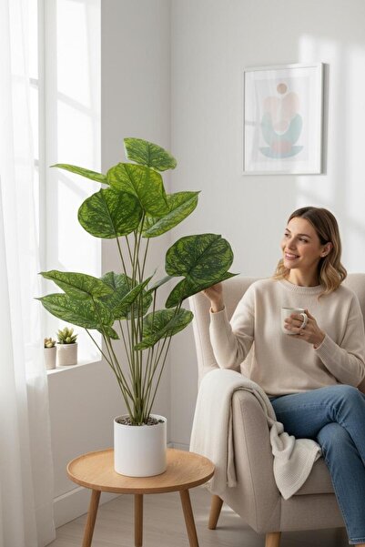 YAPAY ÇİÇEKÇİNİZ Beyaz Saksıda 95 cm 18 Dallı Yapay Salon Çiçeği Yoğun Yaprak...