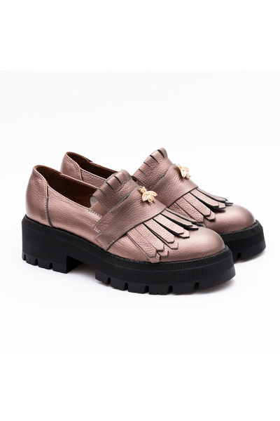 VAGAM Dark Pink Genuine Leather Shoes with Fringes