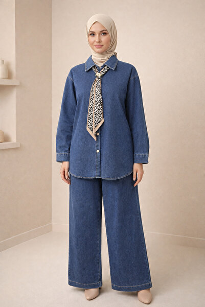 Kirazgym Foulard Detailed Denim Suit Wide Leg Trousers - Indigo