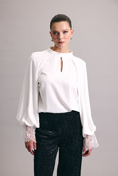 Sateen Lace Detailed Long Sleeve Blouse - Ecru