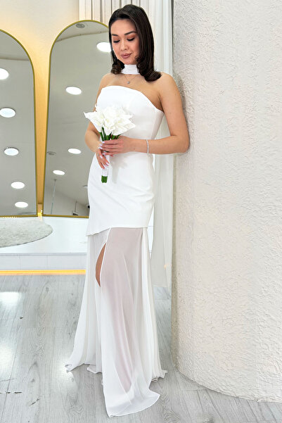 zks grup tekstil Women's Shawl Detailed Strapless Tulle Skirt Asymmetrical Ev...