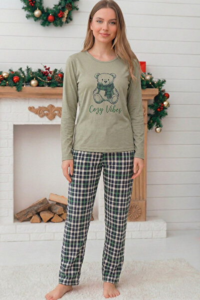 Niket Life Women's Teddy Bear Patterned Bottom Plaid Patterned Crew Neck Long...