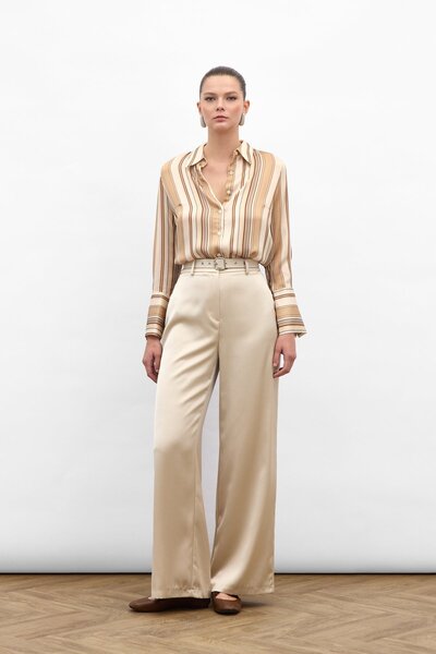 Sateen Satin Trousers with Belt Detail - Beige