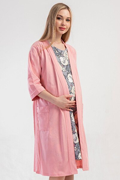 VİENETTA Women's Maternity Nightgown and Dressing Gown Set Cotton Short Sleev...