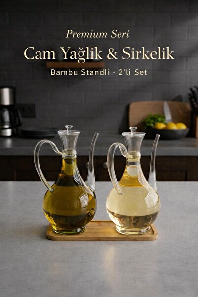 BATBAT Bambu Standlı Borosilikat Cam Yağlık 2'li Set AYÇİÇEK/ZEYTİNYAĞ /750ML
