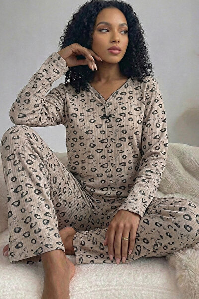 Niket Life Women's Leopard Patterned Ribbed Pear Collar Long Sleeve Long Cott...