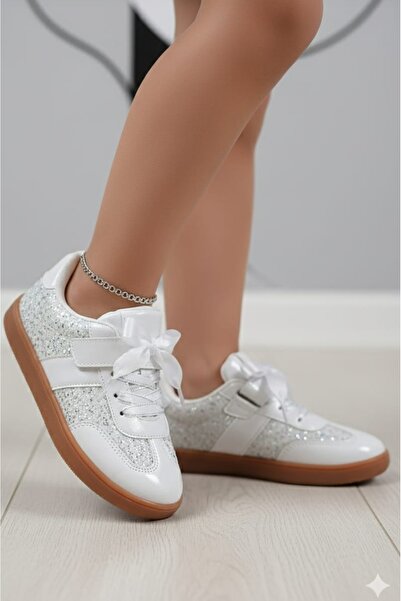 mocno Girl's White Glittery Velcro Daily Comfortable Sole Sneaker Sports Shoes