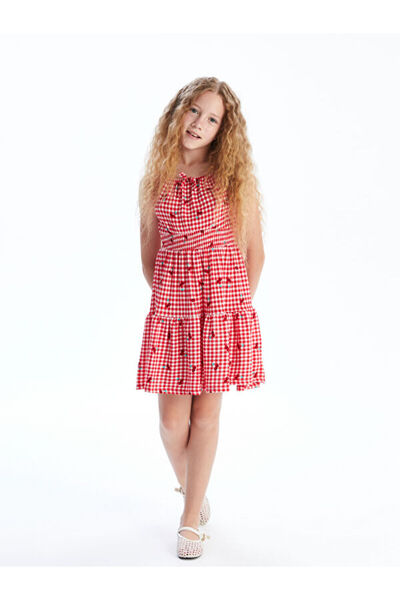 LC Waikiki RMZ GİYİM FARKIYA فستان بناتي مطرز بياقة مربعة ونقشة مربعات