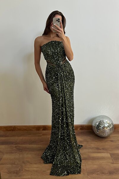 renk abiye Sequined Strapless Low Back Long Evening Dress