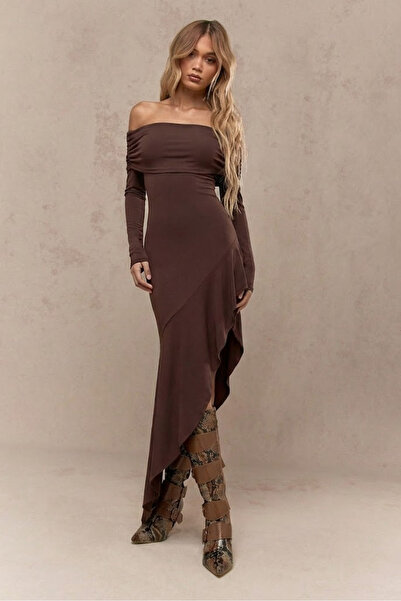 World Fashion Trends Asymmetrical Sandy Dress with Ruffle Hem Detail