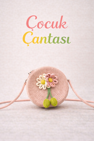 Selvira Çocuk Hasır Çanta Yuvarlak Model – Renkli Çiçek Detaylı, Omuz Askılı ...