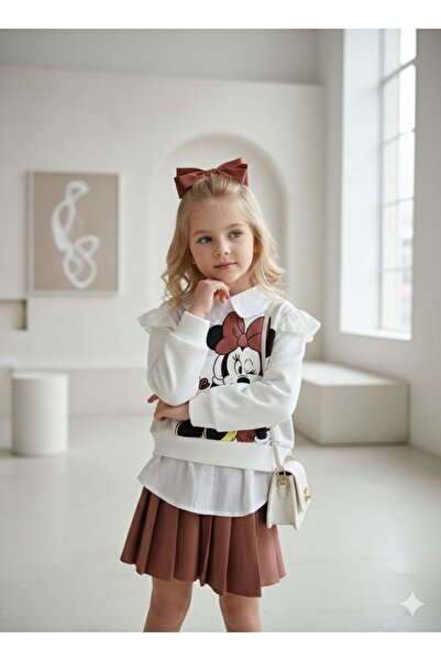 Kız Çocuk Minnie Baskılı Gömlek Yakalı Sweat Etekli Takım